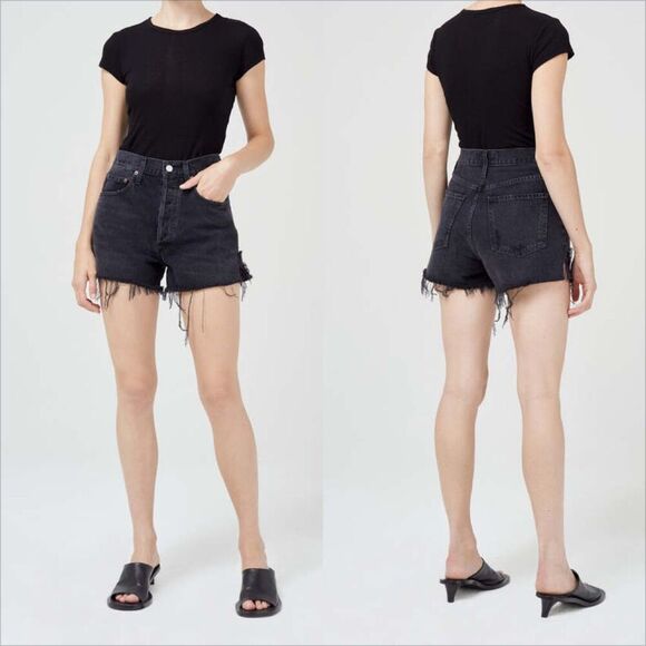 Agolde Pants - Agolde Dee Short Size 28 Black Divine Raw Hem Button Fly High Rise Rigid Cotton